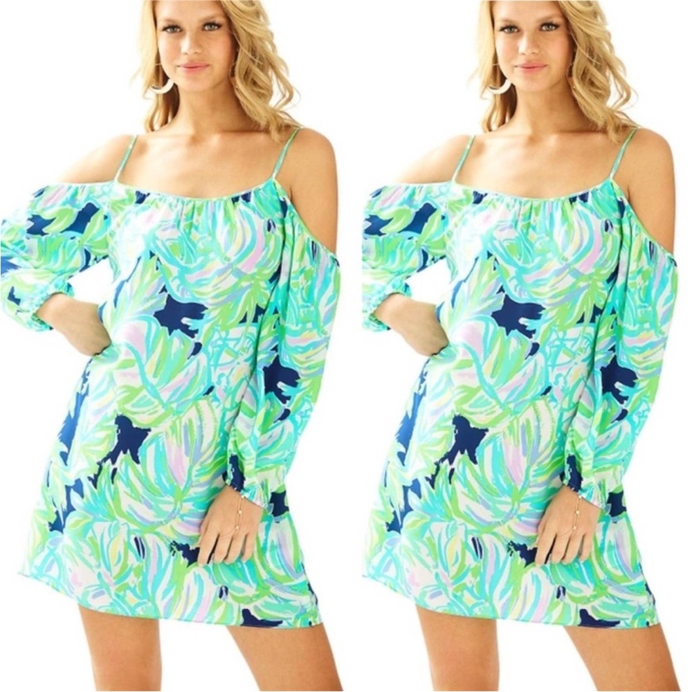 Lilly Pulitzer silk cold shoulder mini dress uptown trunk print coastal navy